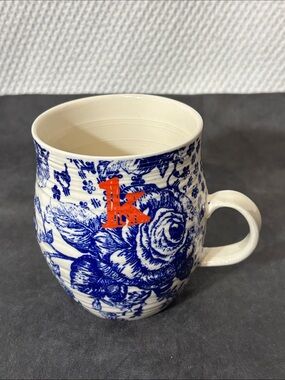 ANTHROPOLOGIE Blue Floral Ceramic Mug with Monogram K